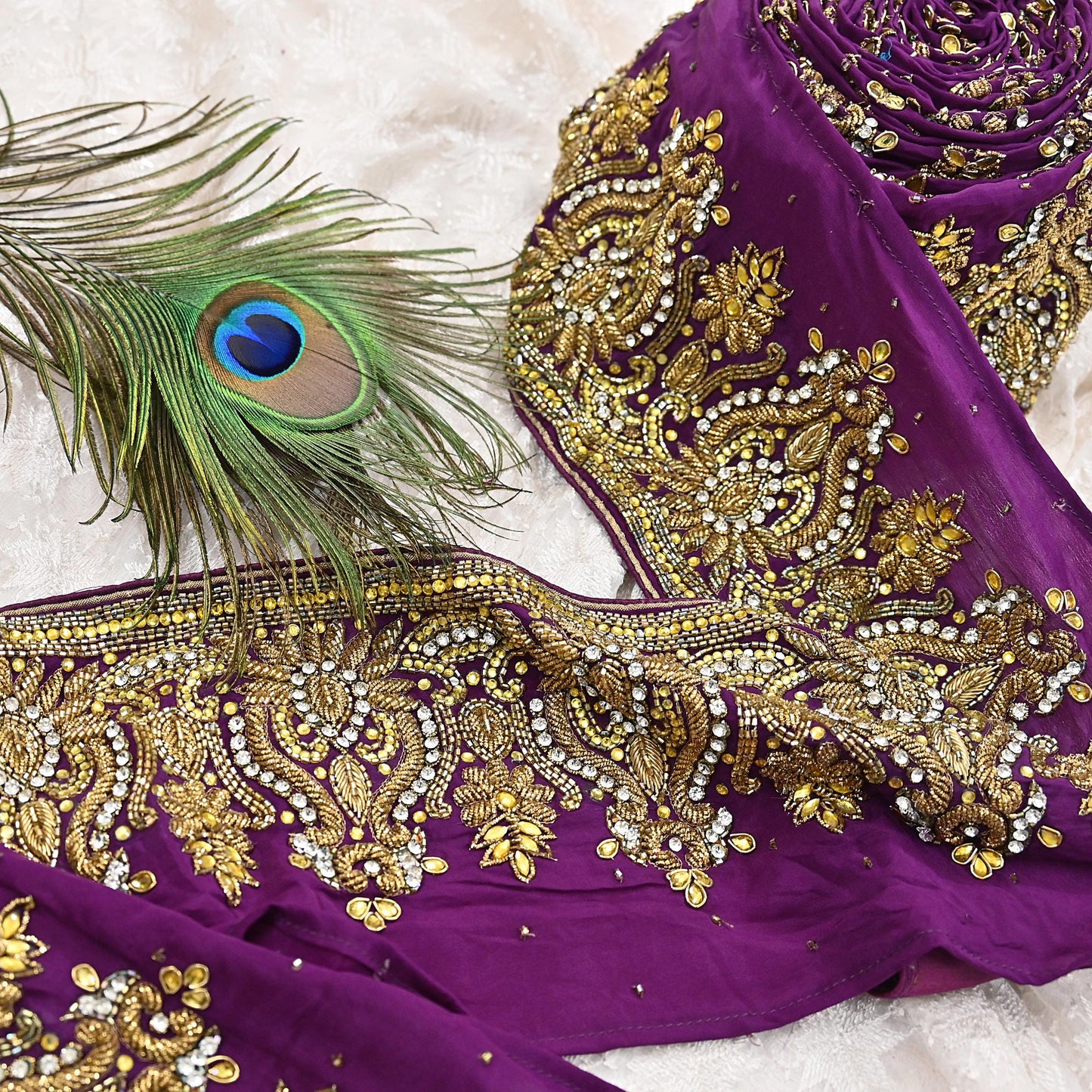 Indian Vintage Purple Sari Border Hand Embroidered 1yd Craft Trim Lace Sewing Sari Ribbon Pure Crepe silk  Sequins Zari