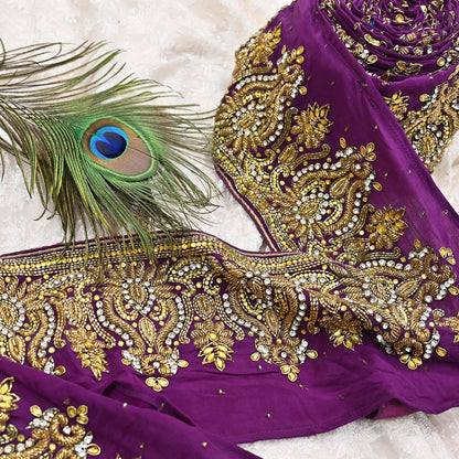 Indian Vintage Purple Sari Border Hand Embroidered 1yd Craft Trim Lace Sewing Sari Ribbon Pure Crepe silk  Sequins Zari