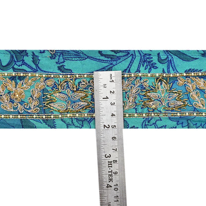 Indian Vintage Green Sari Border Hand Embroidered 1yd Craft Trim Lace Sewing Sari Ribbon Pure Crepe silk  Zardozi/Dabka Zari