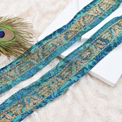 Indian Vintage Green Sari Border Hand Embroidered 1yd Craft Trim Lace Sewing Sari Ribbon Pure Crepe silk  Zardozi/Dabka Zari