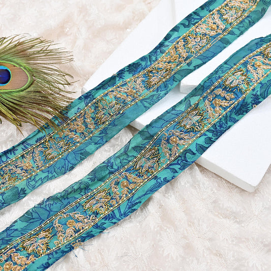Indian Vintage Green Sari Border Hand Embroidered 1yd Craft Trim Lace Sewing Sari Ribbon Pure Crepe silk  Zardozi/Dabka Zari