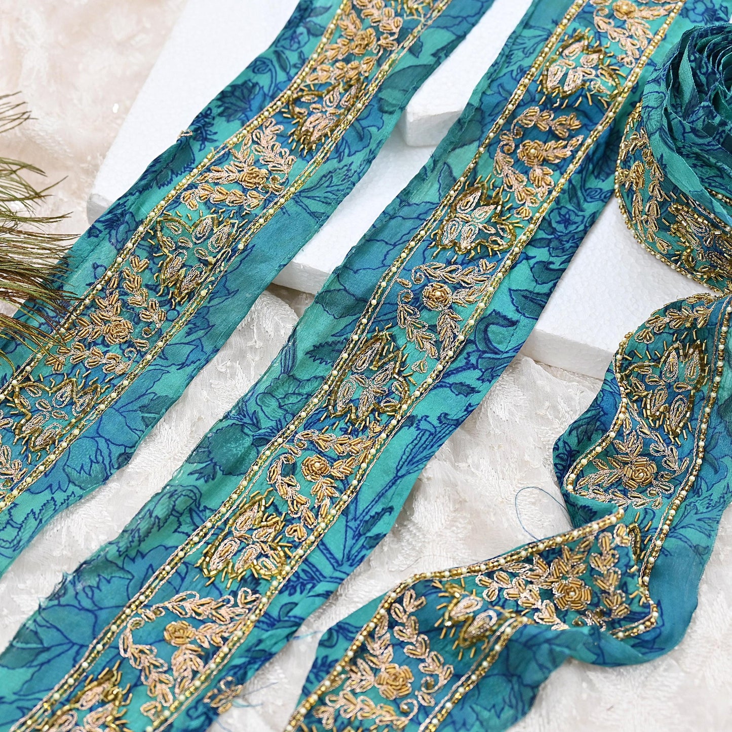 Indian Vintage Green Sari Border Hand Embroidered 1yd Craft Trim Lace Sewing Sari Ribbon Pure Crepe silk  Zardozi/Dabka Zari