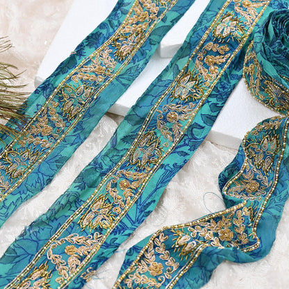 Indian Vintage Green Sari Border Hand Embroidered 1yd Craft Trim Lace Sewing Sari Ribbon Pure Crepe silk  Zardozi/Dabka Zari