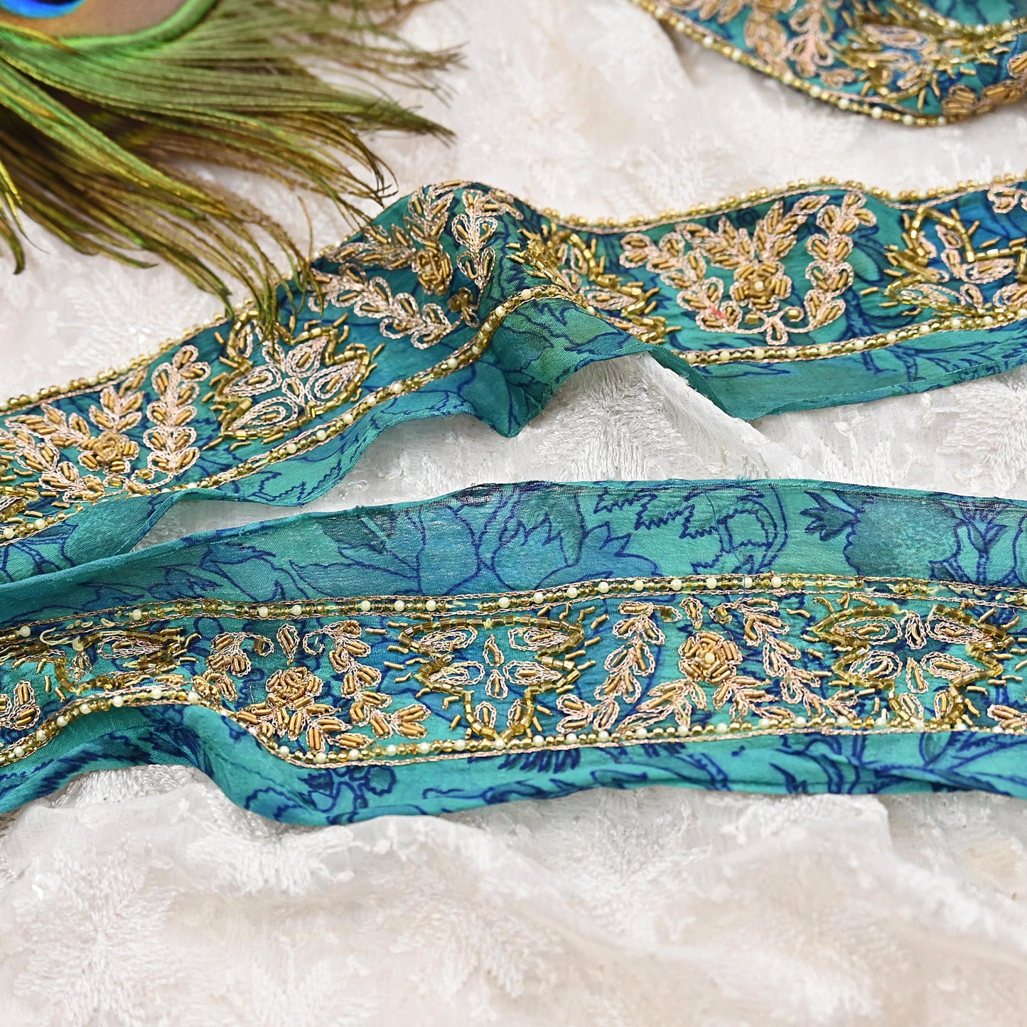 Indian Vintage Green Sari Border Hand Embroidered 1yd Craft Trim Lace Sewing Sari Ribbon Pure Crepe silk  Zardozi/Dabka Zari