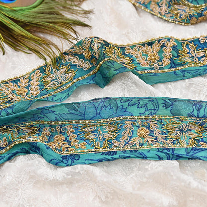 Indian Vintage Green Sari Border Hand Embroidered 1yd Craft Trim Lace Sewing Sari Ribbon Pure Crepe silk  Zardozi/Dabka Zari