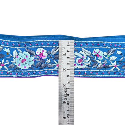 Indian Antique Vintage Real Parsi Gara Border Blue Hand Embroidered Craft Trim Lace Sewing Saree Ribbon Recycled 1yard Pure Crepe Silk