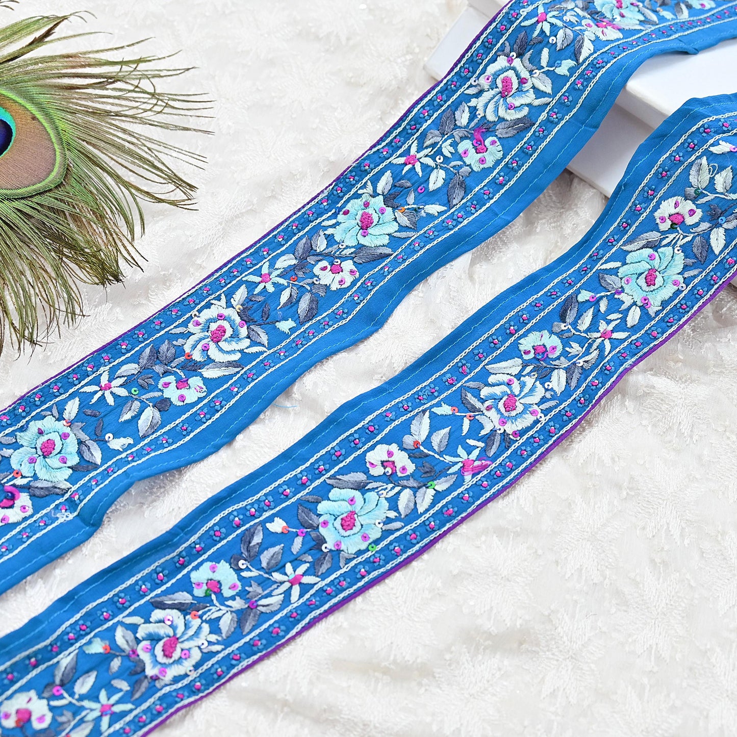 Indian Antique Vintage Real Parsi Gara Border Blue Hand Embroidered Craft Trim Lace Sewing Saree Ribbon Recycled 1yard Pure Crepe Silk