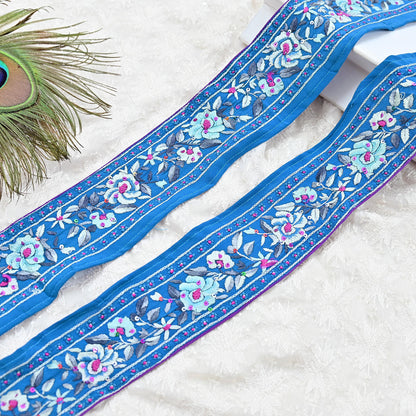 Indian Antique Vintage Real Parsi Gara Border Blue Hand Embroidered Craft Trim Lace Sewing Saree Ribbon Recycled 1yard Pure Crepe Silk