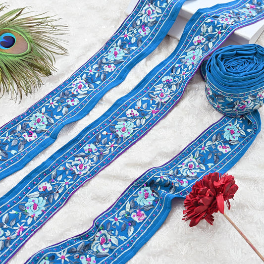 Indian Antique Vintage Real Parsi Gara Border Blue Hand Embroidered Craft Trim Lace Sewing Saree Ribbon Recycled 1yard Pure Crepe Silk