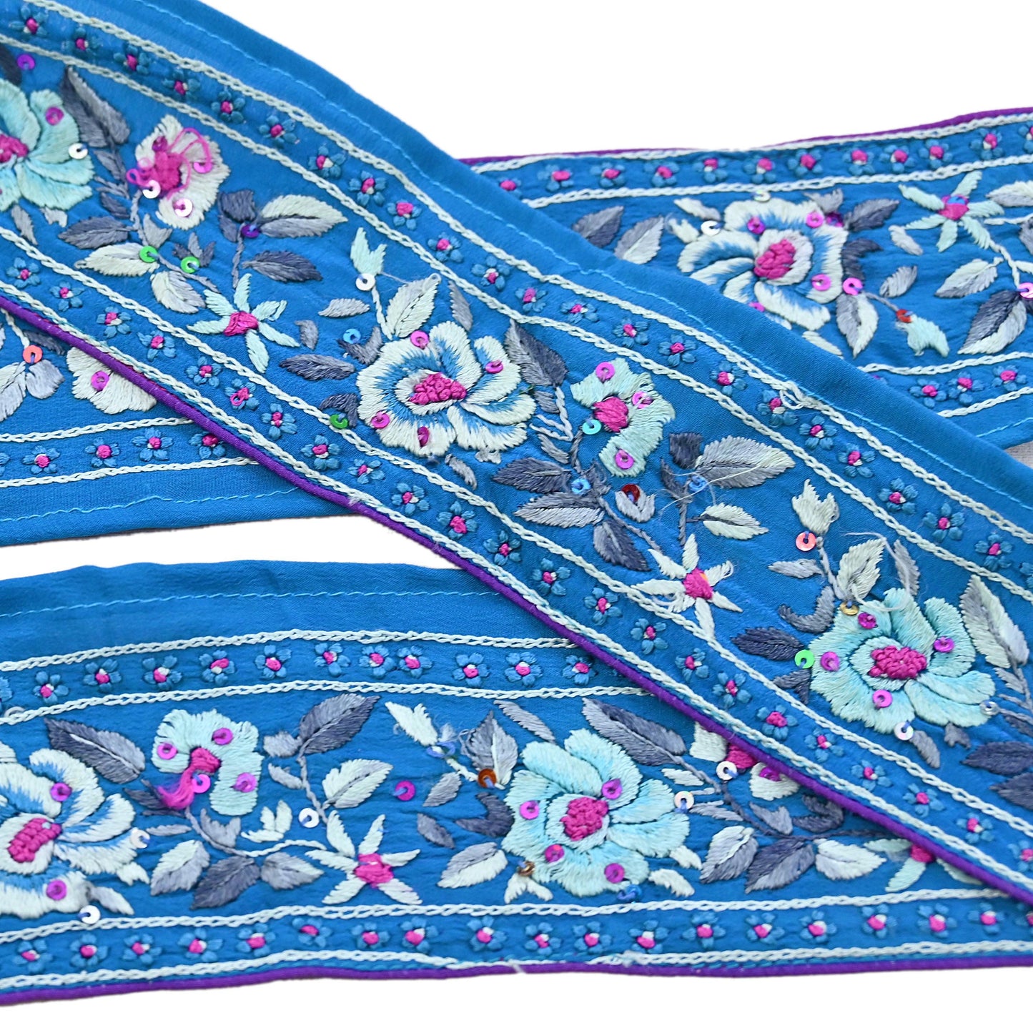 Indian Antique Vintage Real Parsi Gara Border Blue Hand Embroidered Craft Trim Lace Sewing Saree Ribbon Recycled 1yard Pure Crepe Silk