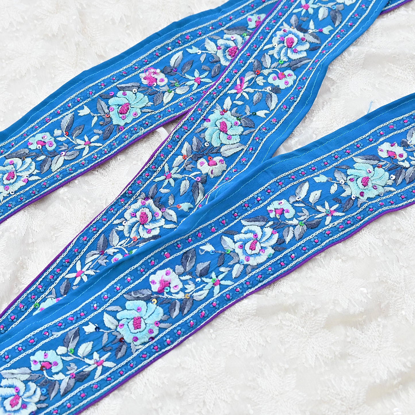 Indian Antique Vintage Real Parsi Gara Border Blue Hand Embroidered Craft Trim Lace Sewing Saree Ribbon Recycled 1yard Pure Crepe Silk