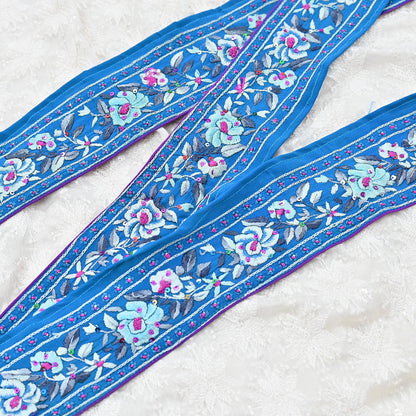 Indian Antique Vintage Real Parsi Gara Border Blue Hand Embroidered Craft Trim Lace Sewing Saree Ribbon Recycled 1yard Pure Crepe Silk