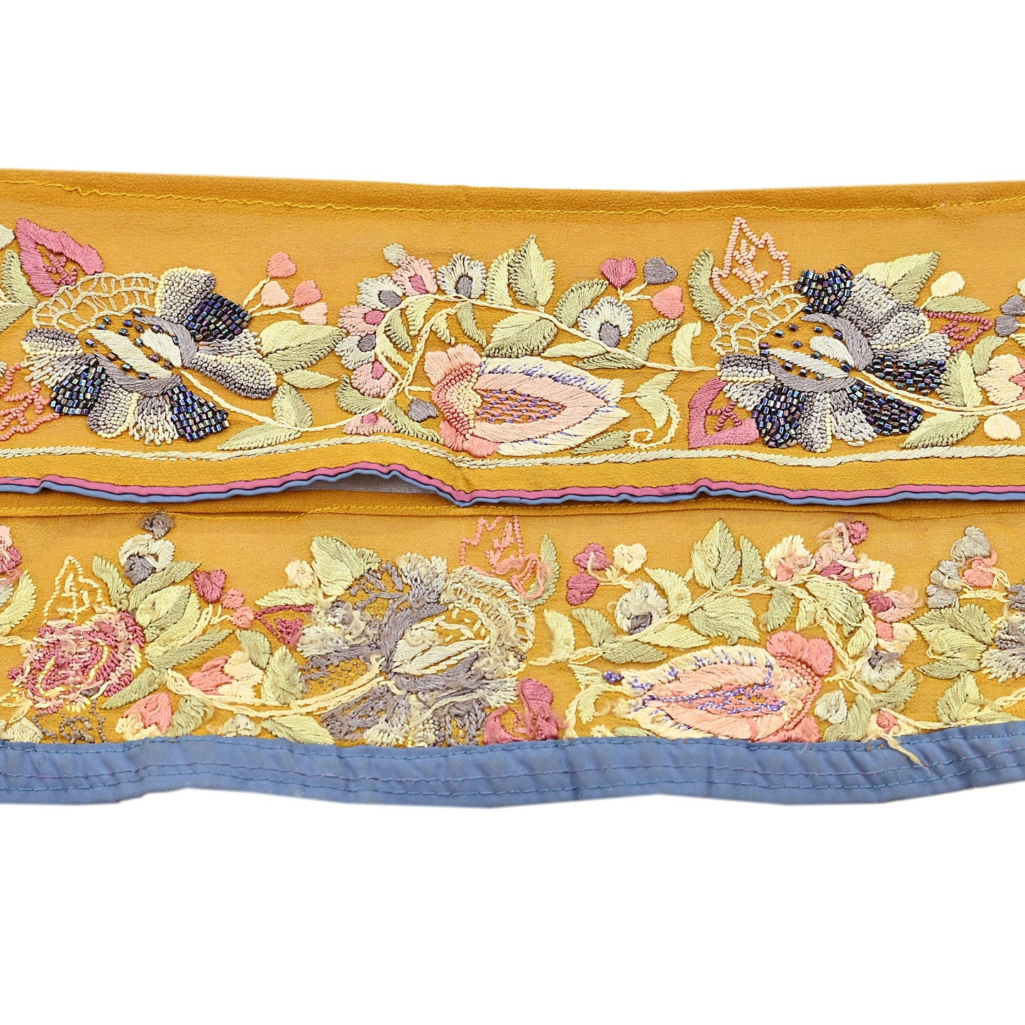 Indian Antique Vintage Real Parsi Gara Border Hand Embroidered Craft Trim Lace Sewing Saree Ribbon Recycled 1yard Pure Georgette Silk