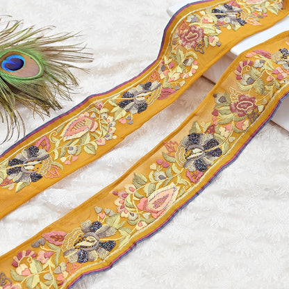 Indian Antique Vintage Real Parsi Gara Border Hand Embroidered Craft Trim Lace Sewing Saree Ribbon Recycled 1yard Pure Georgette Silk