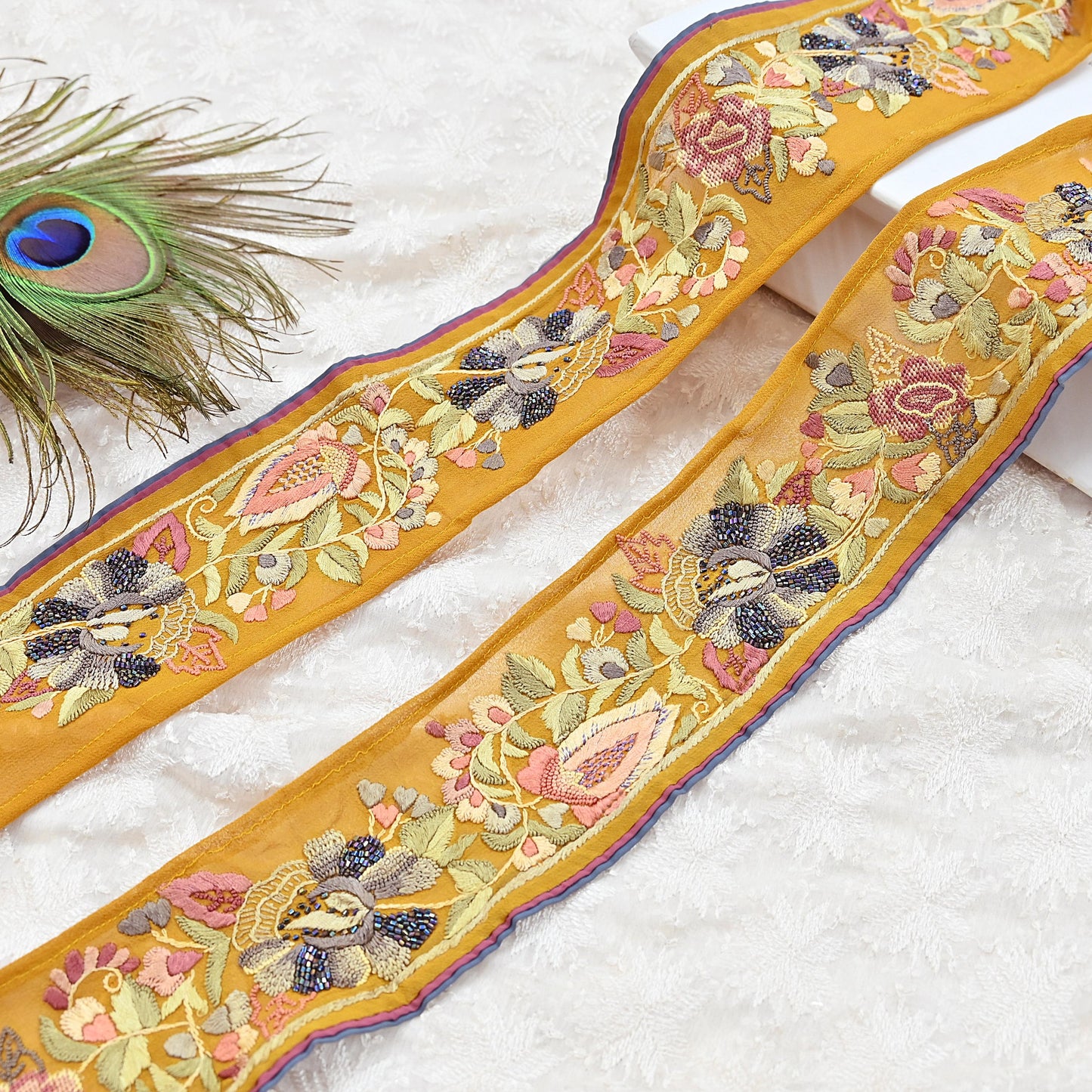 Indian Antique Vintage Real Parsi Gara Border Hand Embroidered Craft Trim Lace Sewing Saree Ribbon Recycled 1yard Pure Georgette Silk