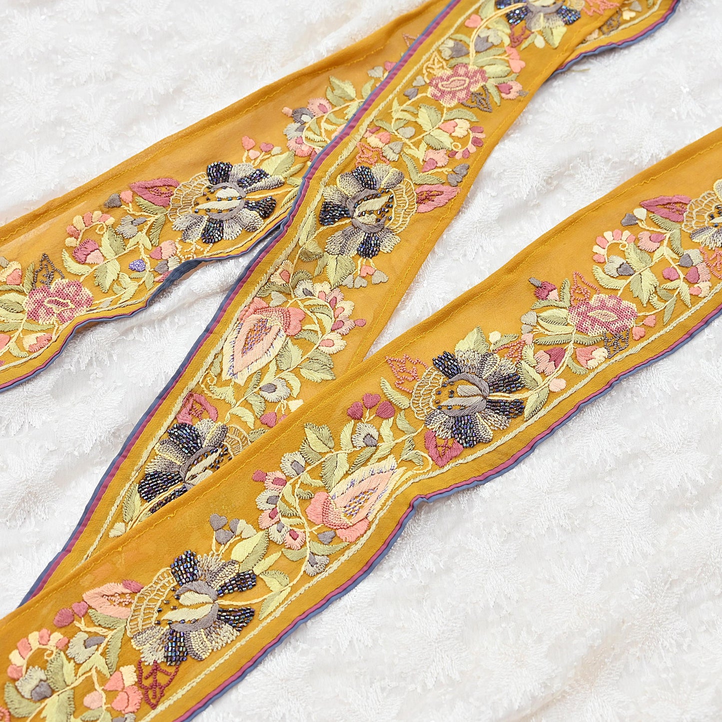 Indian Antique Vintage Real Parsi Gara Border Hand Embroidered Craft Trim Lace Sewing Saree Ribbon Recycled 1yard Pure Georgette Silk