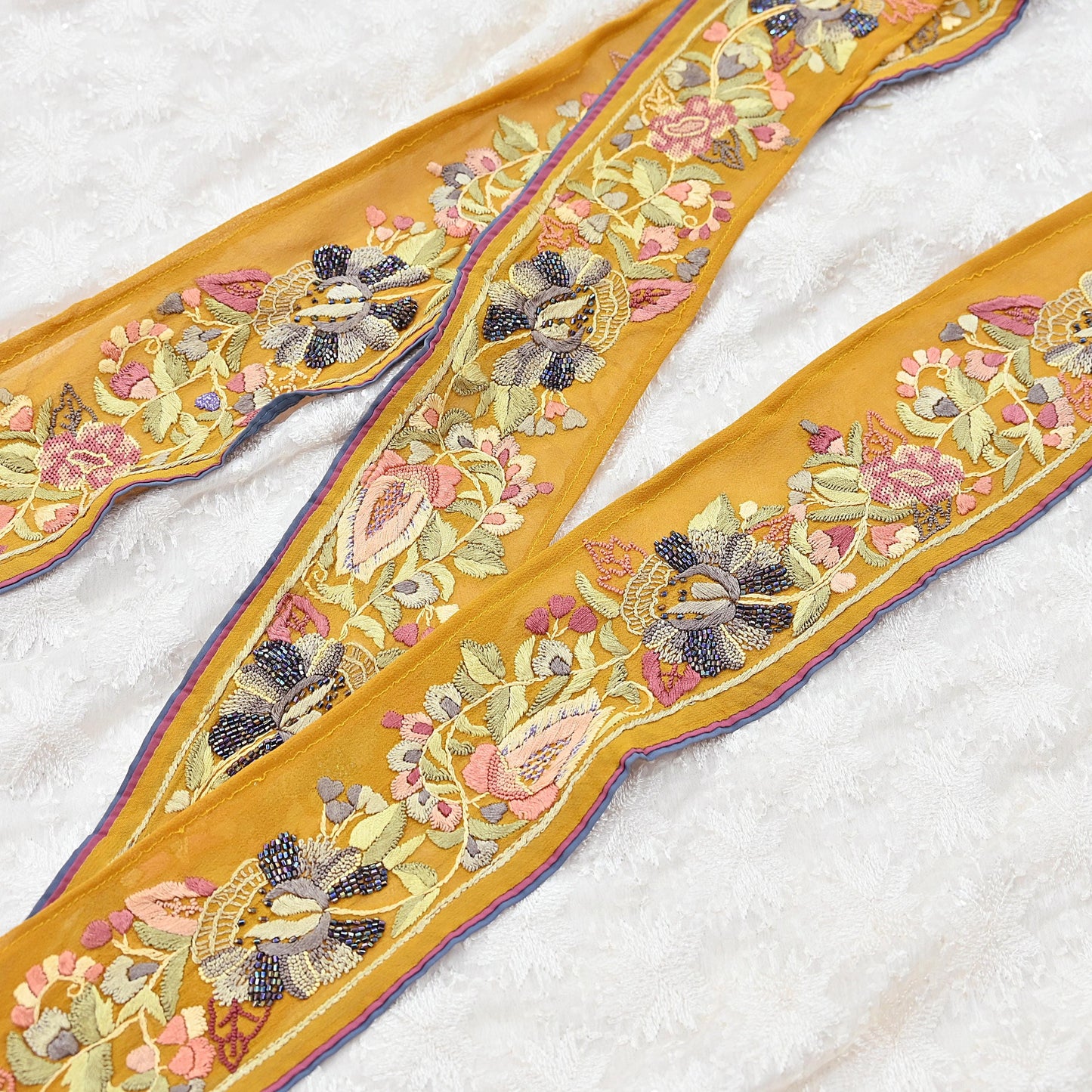 Indian Antique Vintage Real Parsi Gara Border Hand Embroidered Craft Trim Lace Sewing Saree Ribbon Recycled 1yard Pure Georgette Silk