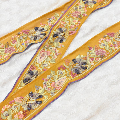 Indian Antique Vintage Real Parsi Gara Border Hand Embroidered Craft Trim Lace Sewing Saree Ribbon Recycled 1yard Pure Georgette Silk