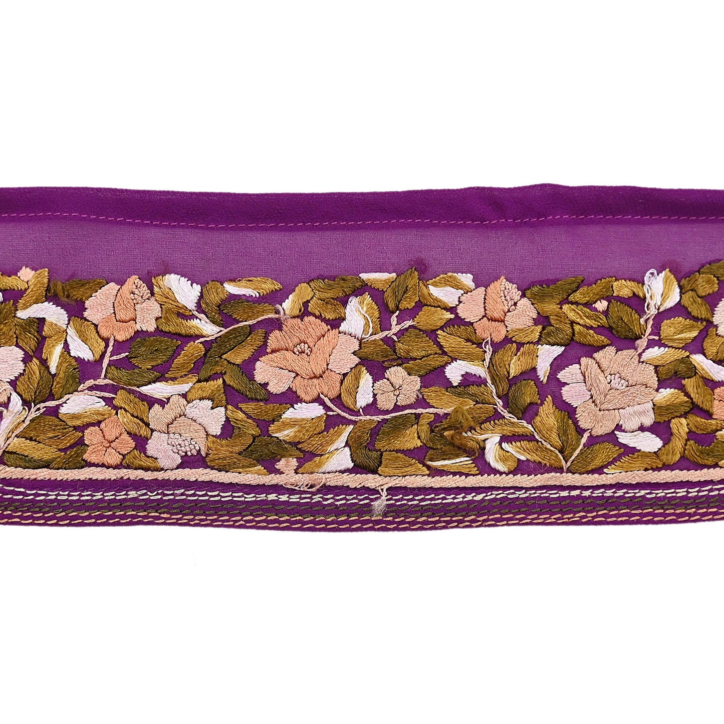 Indian Antique Vintage Real Parsi Gara Border Purple Hand Embroidered Craft Trim Lace Sewing Saree Ribbon Recycled 1yard Pure Georgette Silk