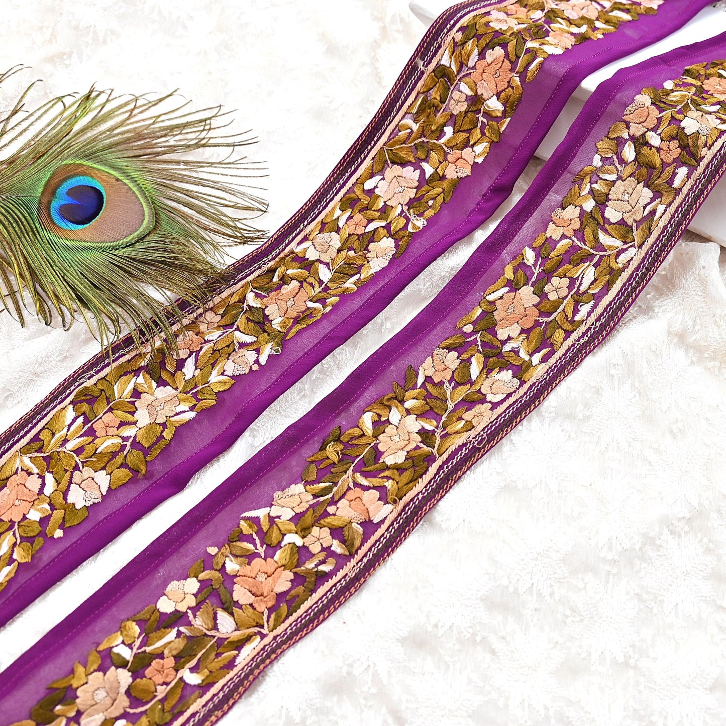 Indian Antique Vintage Real Parsi Gara Border Purple Hand Embroidered Craft Trim Lace Sewing Saree Ribbon Recycled 1yard Pure Georgette Silk