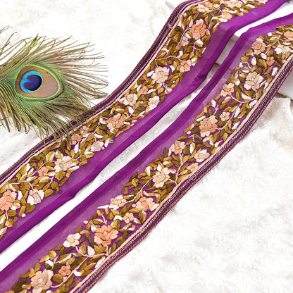 Indian Antique Vintage Real Parsi Gara Border Purple Hand Embroidered Craft Trim Lace Sewing Saree Ribbon Recycled 1yard Pure Georgette Silk