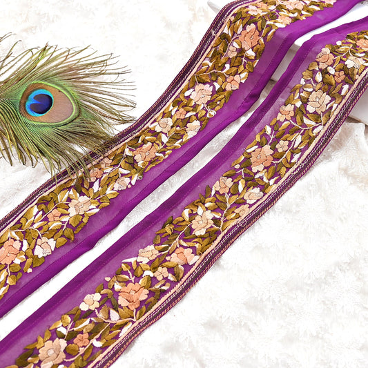 Indian Antique Vintage Real Parsi Gara Border Purple Hand Embroidered Craft Trim Lace Sewing Saree Ribbon Recycled 1yard Pure Georgette Silk