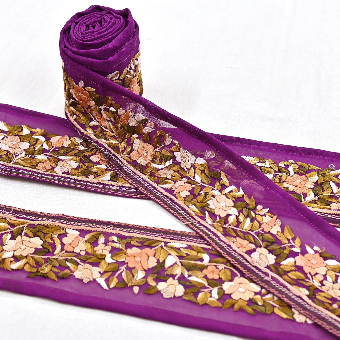 Indian Antique Vintage Real Parsi Gara Border Purple Hand Embroidered Craft Trim Lace Sewing Saree Ribbon Recycled 1yard Pure Georgette Silk