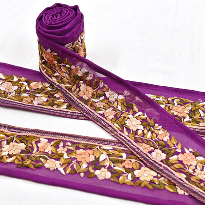 Indian Antique Vintage Real Parsi Gara Border Purple Hand Embroidered Craft Trim Lace Sewing Saree Ribbon Recycled 1yard Pure Georgette Silk