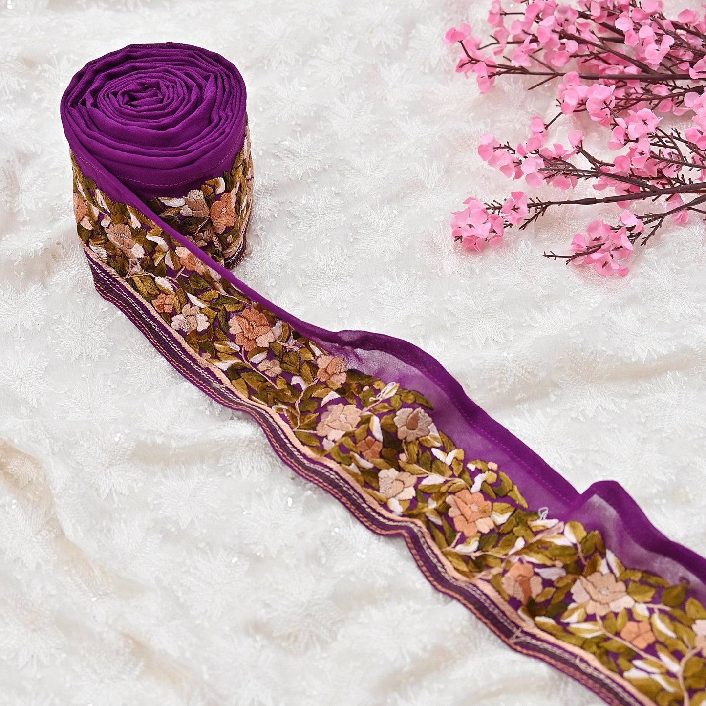 Indian Antique Vintage Real Parsi Gara Border Purple Hand Embroidered Craft Trim Lace Sewing Saree Ribbon Recycled 1yard Pure Georgette Silk