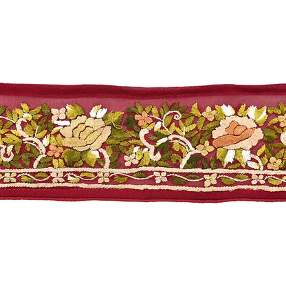 Indian Antique Vintage Real Parsi Gara Border Red Hand Embroidered Craft Trim Lace Sewing Saree Ribbon Recycled 1yard Pure Georgette Silk