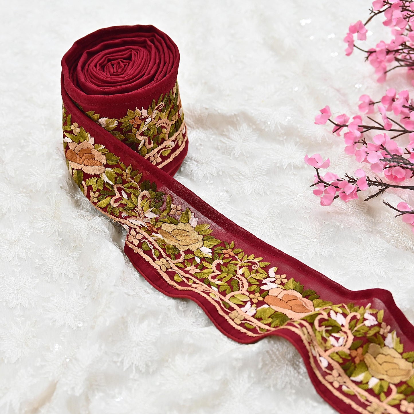 Indian Antique Vintage Real Parsi Gara Border Red Hand Embroidered Craft Trim Lace Sewing Saree Ribbon Recycled 1yard Pure Georgette Silk