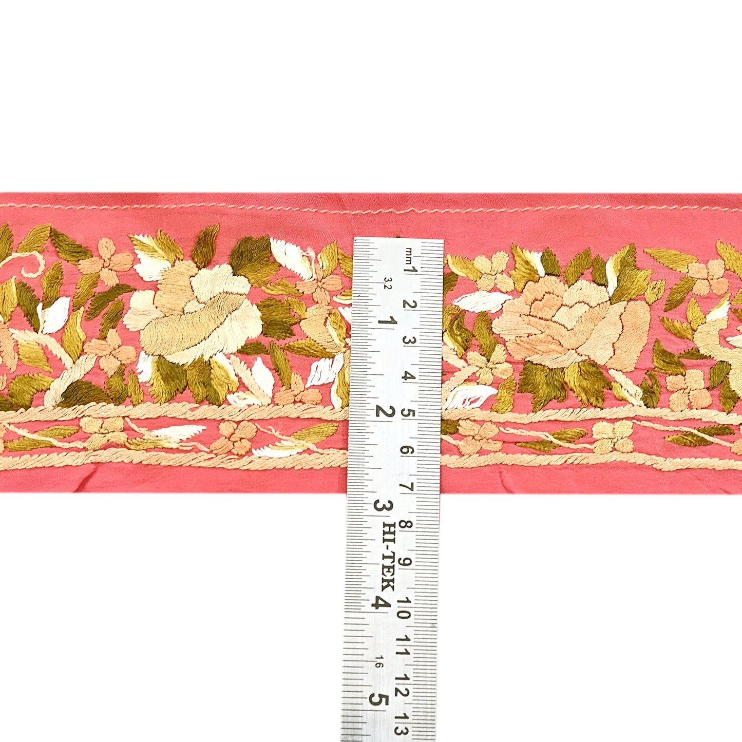 Indian Antique Vintage Real Parsi Gara Border Peach Hand Embroidered Craft Trim Lace Sewing Saree Ribbon Recycled 1yard Pure Crepe Silk
