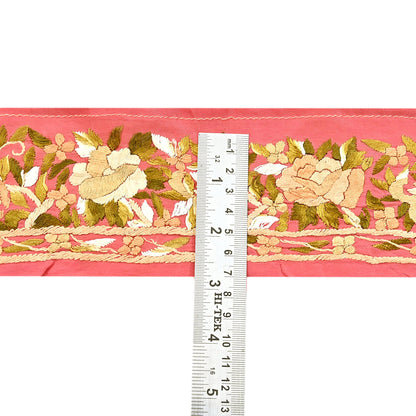 Indian Antique Vintage Real Parsi Gara Border Peach Hand Embroidered Craft Trim Lace Sewing Saree Ribbon Recycled 1yard Pure Crepe Silk