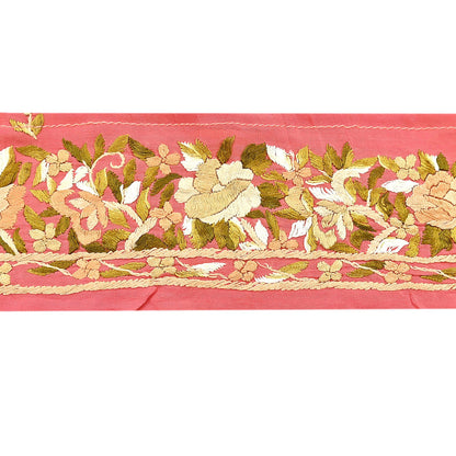 Indian Antique Vintage Real Parsi Gara Border Peach Hand Embroidered Craft Trim Lace Sewing Saree Ribbon Recycled 1yard Pure Crepe Silk
