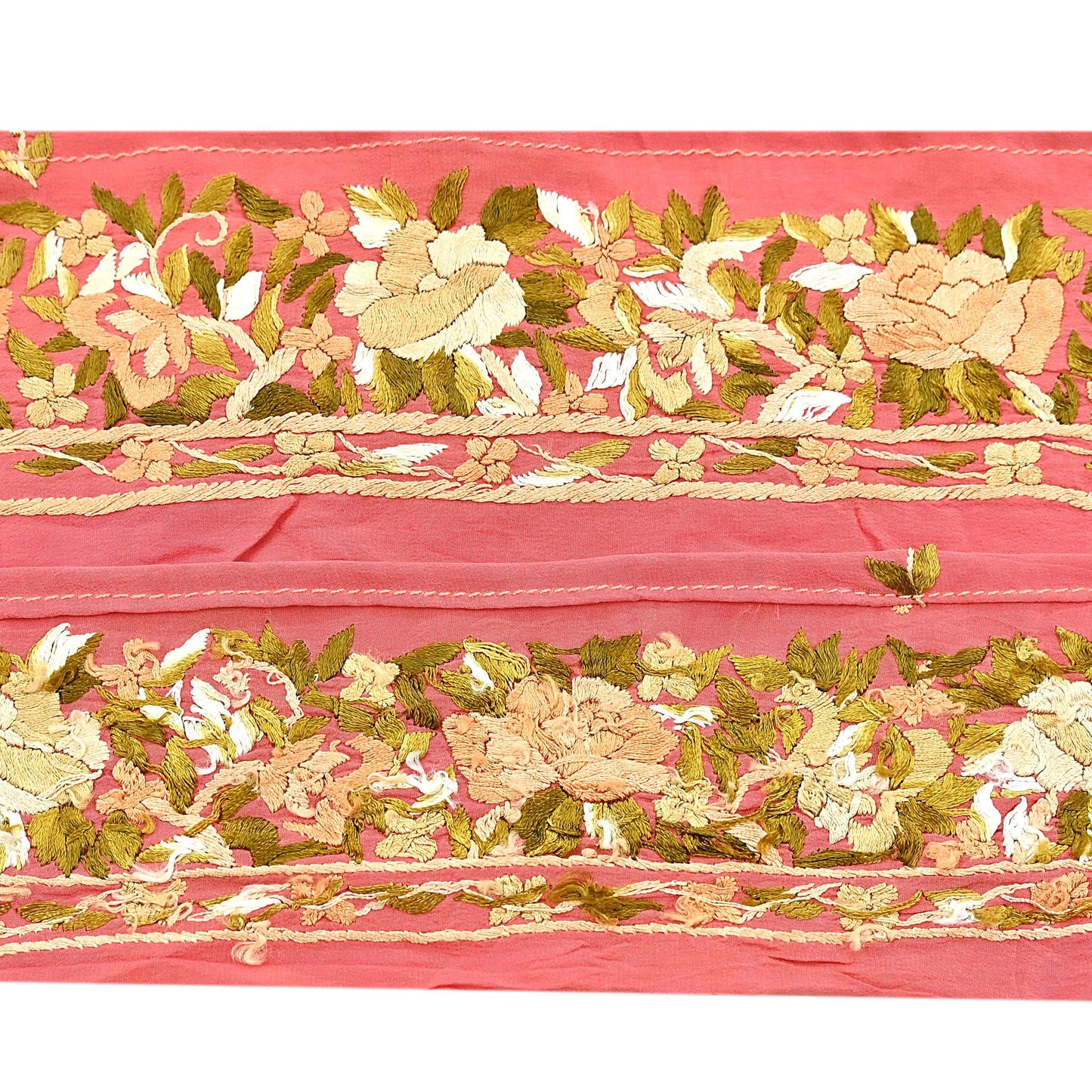 Indian Antique Vintage Real Parsi Gara Border Peach Hand Embroidered Craft Trim Lace Sewing Saree Ribbon Recycled 1yard Pure Crepe Silk