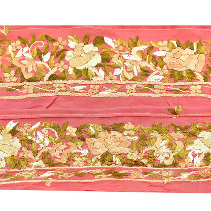 Indian Antique Vintage Real Parsi Gara Border Peach Hand Embroidered Craft Trim Lace Sewing Saree Ribbon Recycled 1yard Pure Crepe Silk