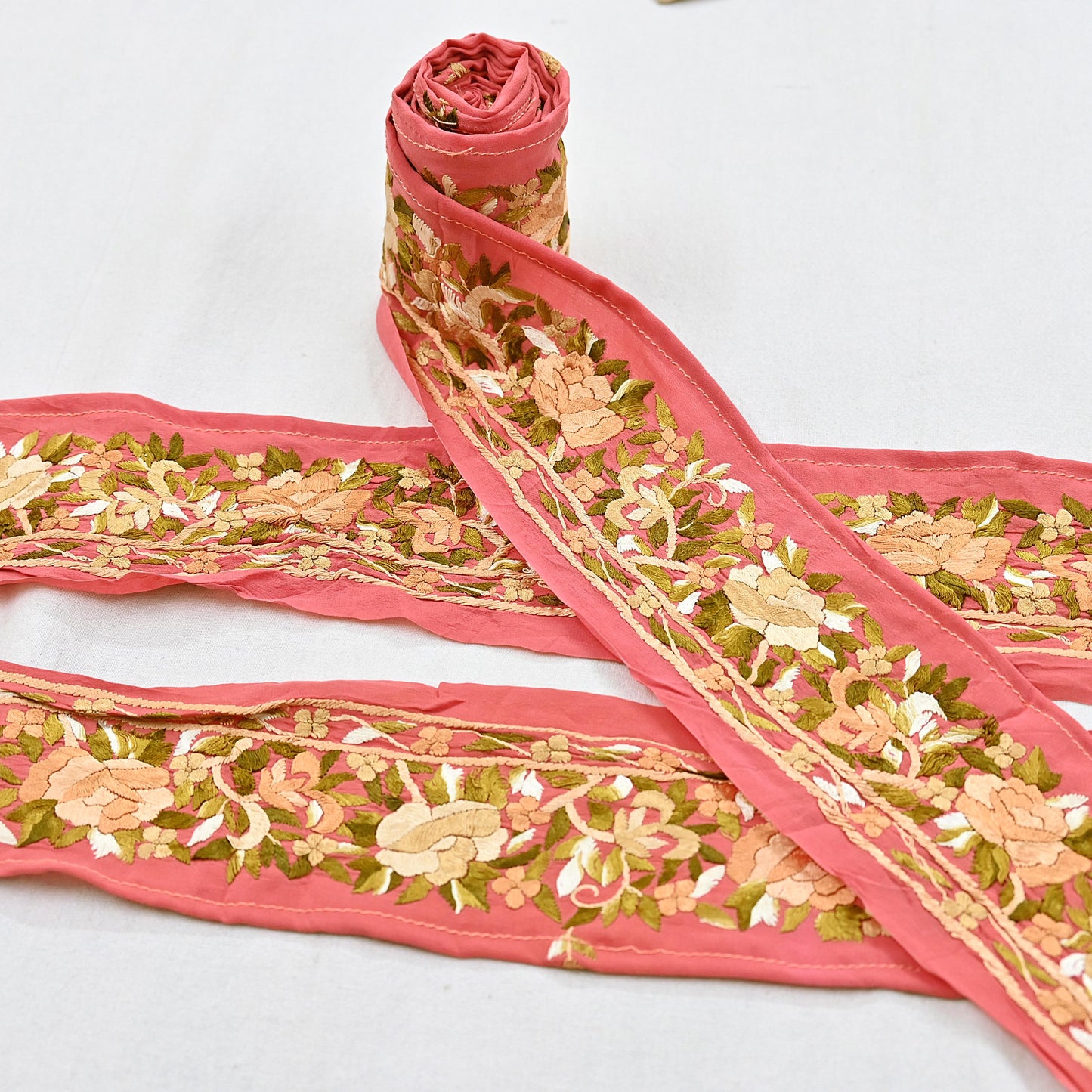 Indian Antique Vintage Real Parsi Gara Border Peach Hand Embroidered Craft Trim Lace Sewing Saree Ribbon Recycled 1yard Pure Crepe Silk