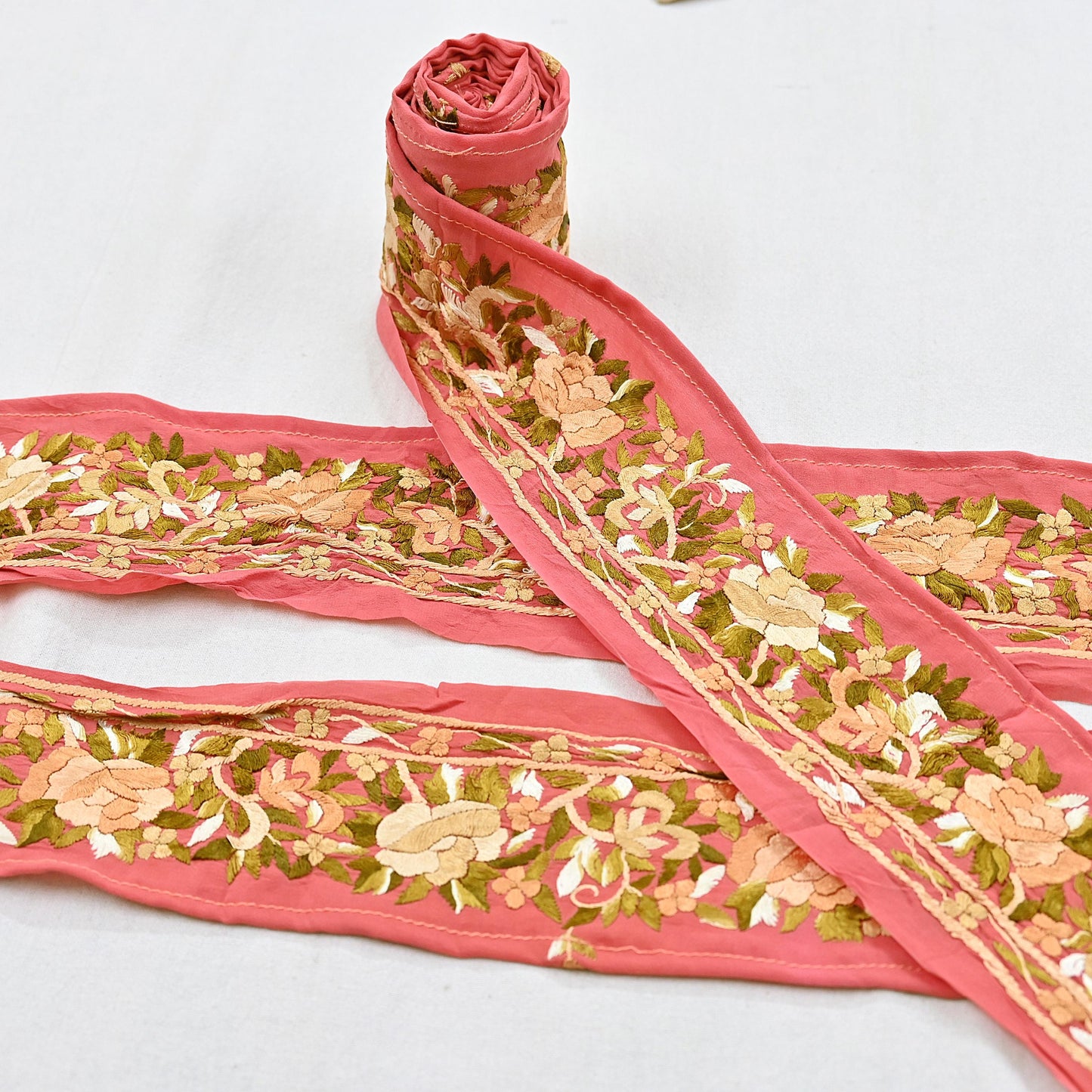 Indian Antique Vintage Real Parsi Gara Border Peach Hand Embroidered Craft Trim Lace Sewing Saree Ribbon Recycled 1yard Pure Crepe Silk