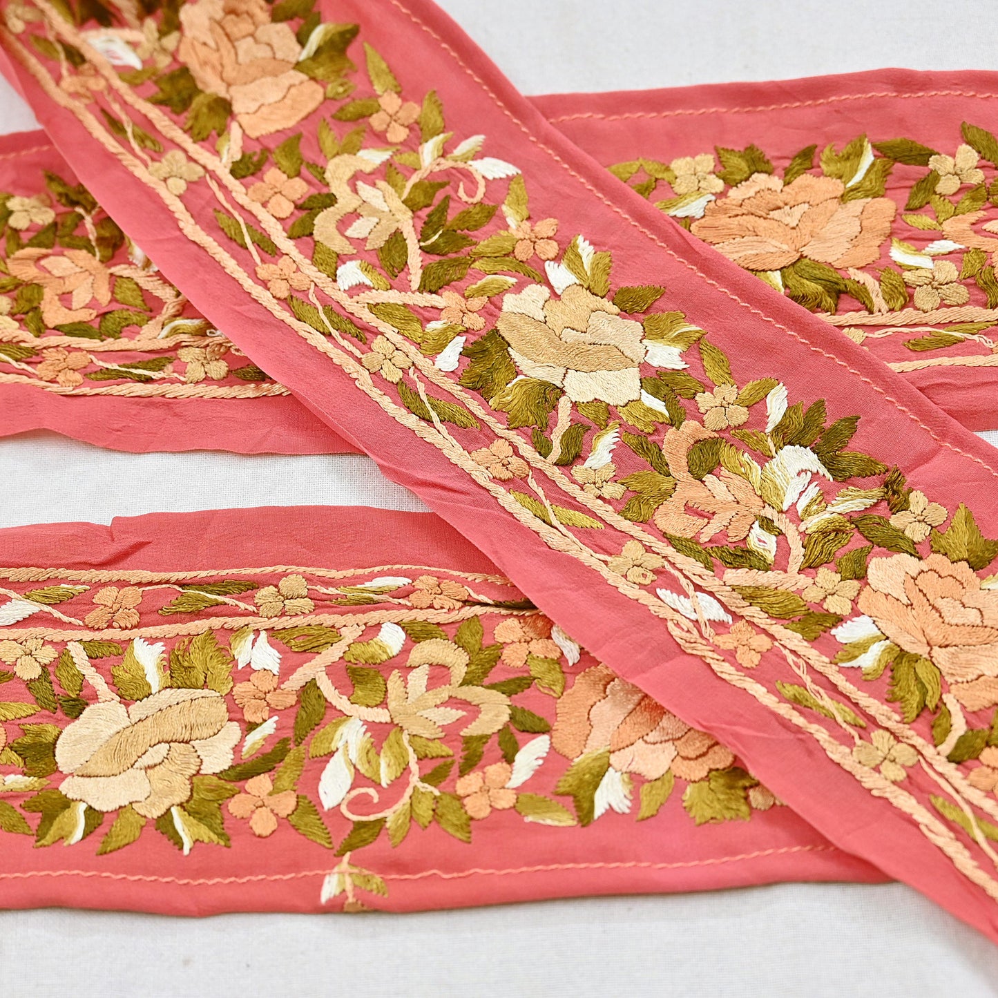 Indian Antique Vintage Real Parsi Gara Border Peach Hand Embroidered Craft Trim Lace Sewing Saree Ribbon Recycled 1yard Pure Crepe Silk