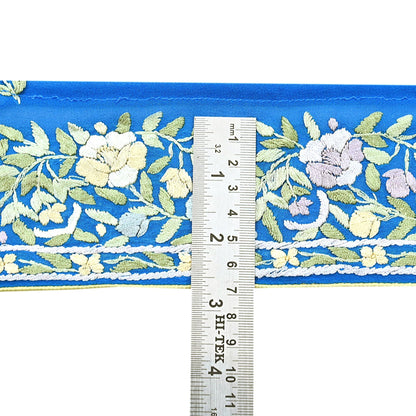 Indian Vintage Real Parsi Gara Border Turquoise Hand Embroidered Craft Trim Lace Sewing Saree Ribbon Recycled 1yard Pure Georgette Silk