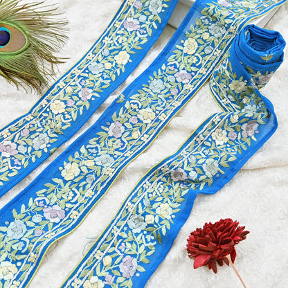 Indian Vintage Real Parsi Gara Border Turquoise Hand Embroidered Craft Trim Lace Sewing Saree Ribbon Recycled 1yard Pure Georgette Silk