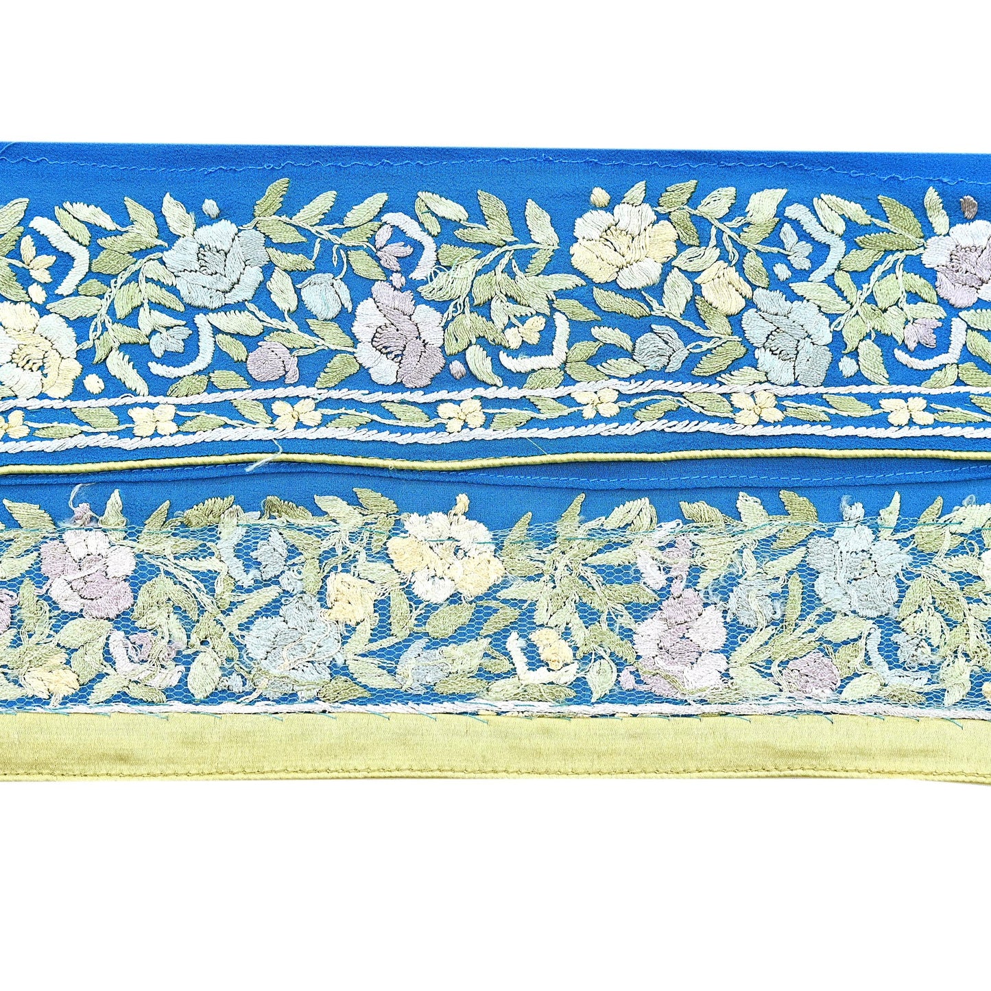 Indian Vintage Real Parsi Gara Border Turquoise Hand Embroidered Craft Trim Lace Sewing Saree Ribbon Recycled 1yard Pure Georgette Silk