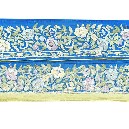 Indian Vintage Real Parsi Gara Border Turquoise Hand Embroidered Craft Trim Lace Sewing Saree Ribbon Recycled 1yard Pure Georgette Silk