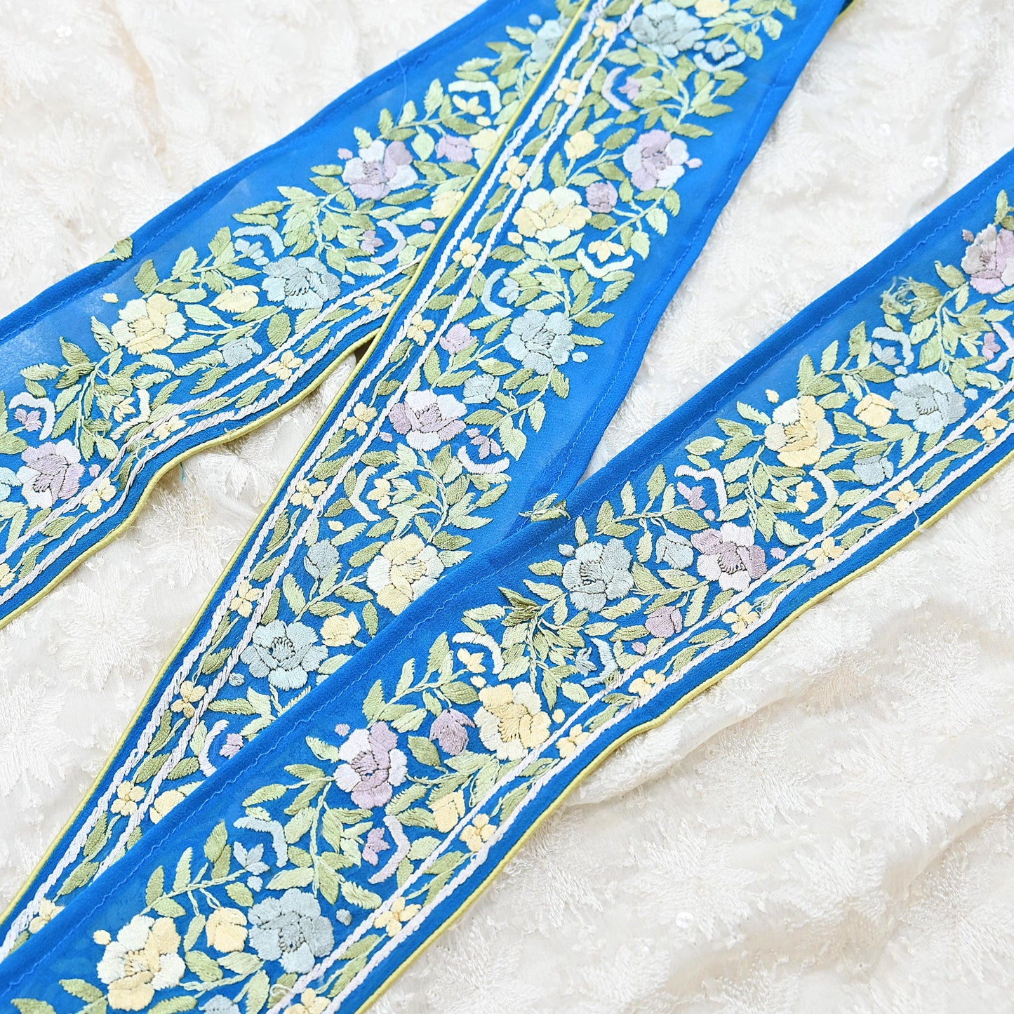 Indian Vintage Real Parsi Gara Border Turquoise Hand Embroidered Craft Trim Lace Sewing Saree Ribbon Recycled 1yard Pure Georgette Silk