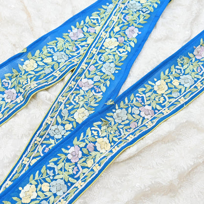 Indian Vintage Real Parsi Gara Border Turquoise Hand Embroidered Craft Trim Lace Sewing Saree Ribbon Recycled 1yard Pure Georgette Silk