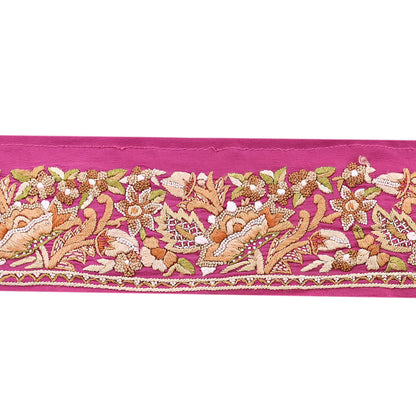 Indian Antique Vintage Real Parsi Gara Border Pink Hand Embroidered Craft Trim Lace Sewing Saree Ribbon Recycled 1yard Pure Crepe Silk
