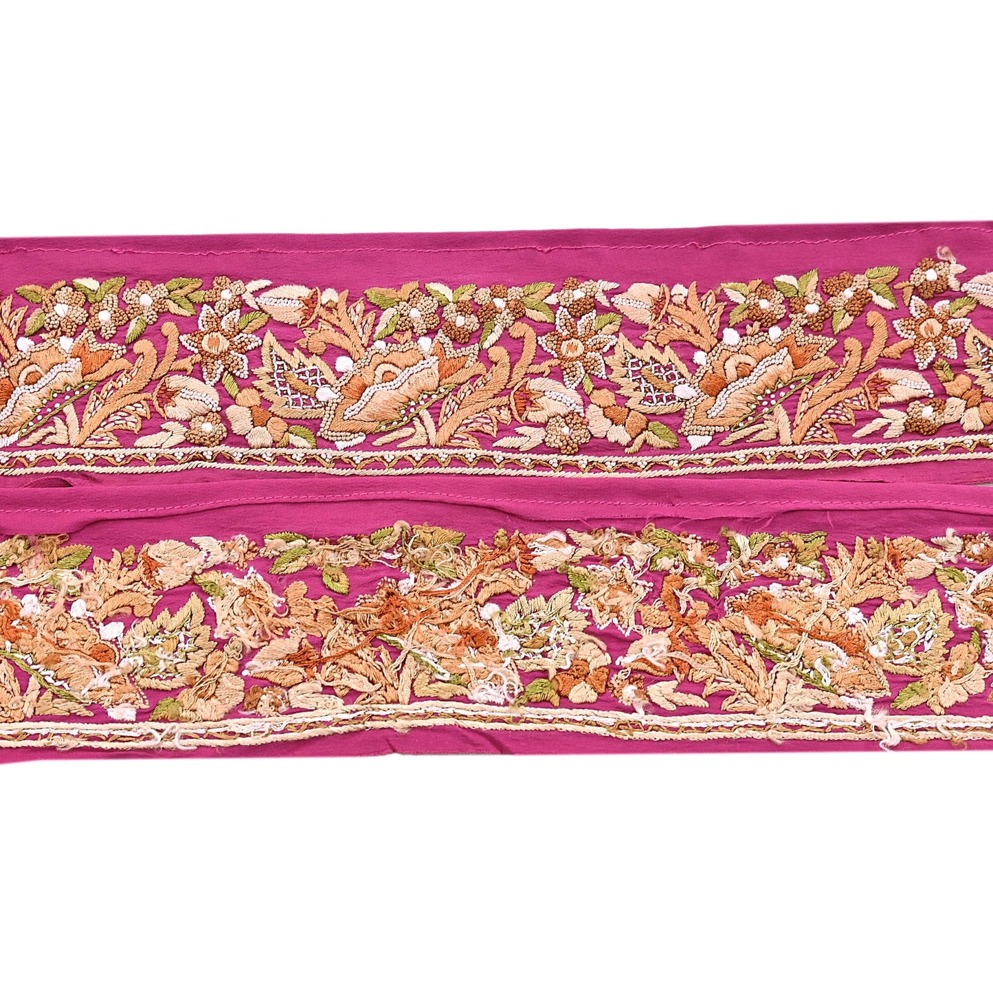 Indian Antique Vintage Real Parsi Gara Border Pink Hand Embroidered Craft Trim Lace Sewing Saree Ribbon Recycled 1yard Pure Crepe Silk