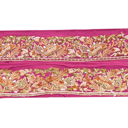 Indian Antique Vintage Real Parsi Gara Border Pink Hand Embroidered Craft Trim Lace Sewing Saree Ribbon Recycled 1yard Pure Crepe Silk