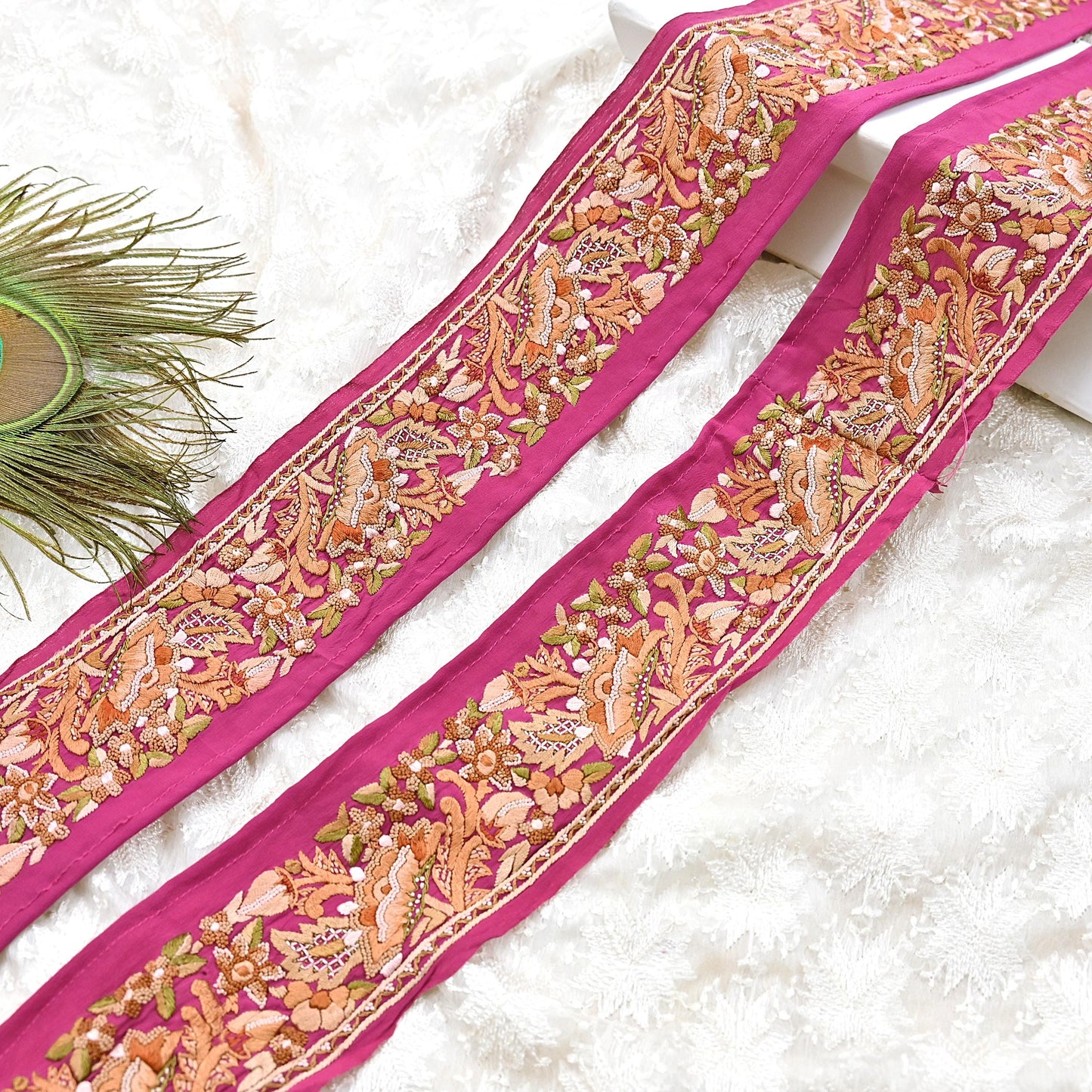 Indian Antique Vintage Real Parsi Gara Border Pink Hand Embroidered Craft Trim Lace Sewing Saree Ribbon Recycled 1yard Pure Crepe Silk