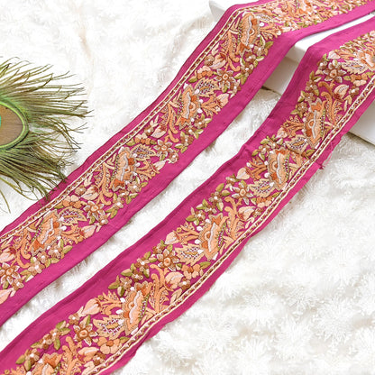 Indian Antique Vintage Real Parsi Gara Border Pink Hand Embroidered Craft Trim Lace Sewing Saree Ribbon Recycled 1yard Pure Crepe Silk